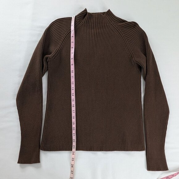 VTG Brown Ribbed Knit Mock Neck 90s Y2k Knit Cotton Sweater - Picture 3 of 5